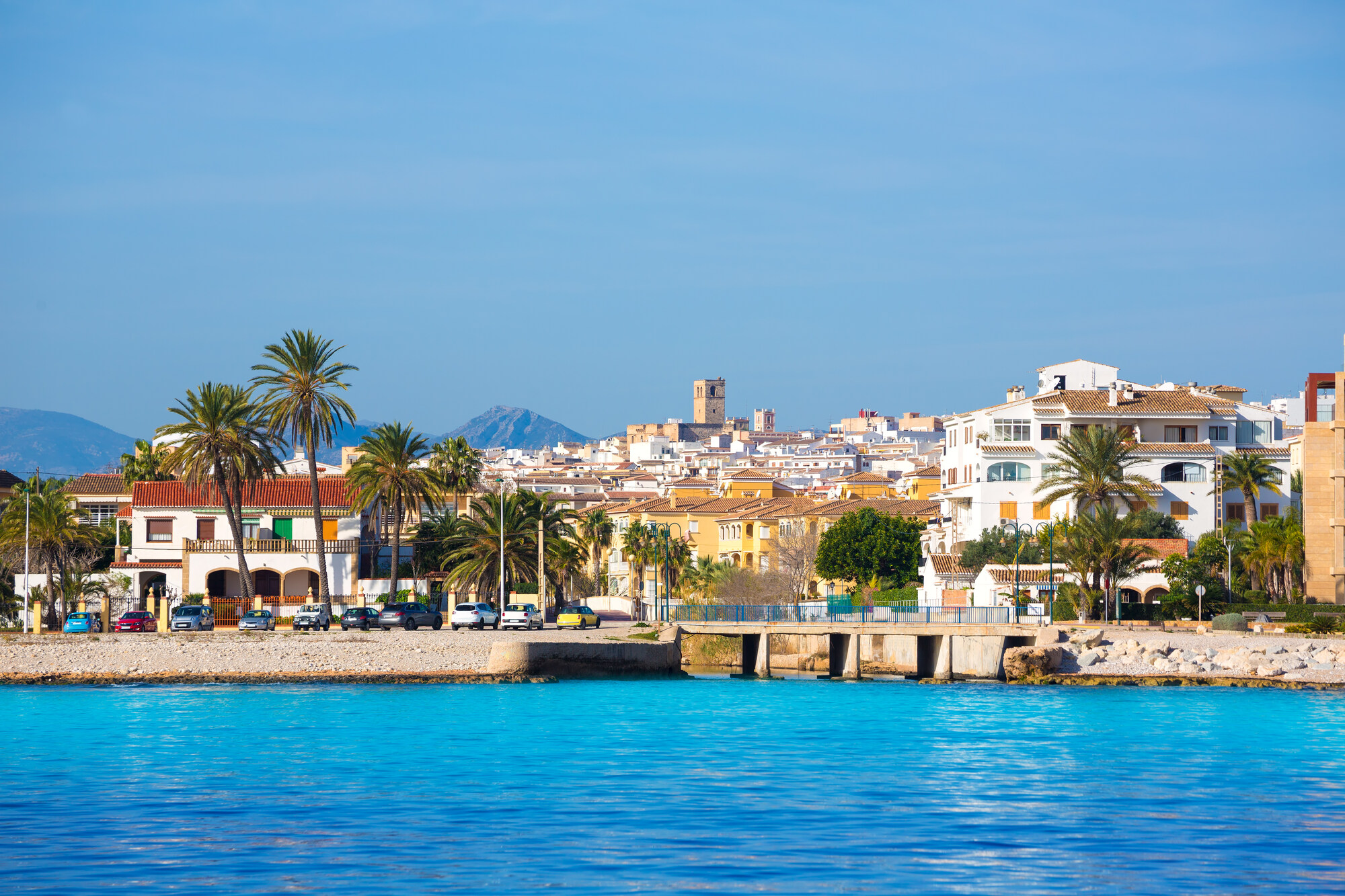 Coastal town of Jávea on the Costa Blanca with waterfront and palm trees
