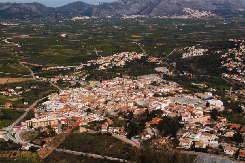 Aerial view of Orba village in the Marina Alta surrounded by mountains