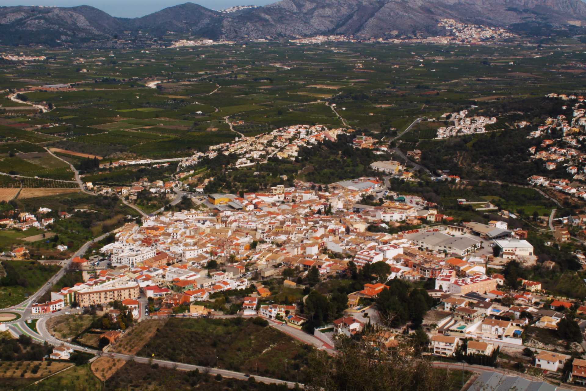 Aerial view of Orba village in the Marina Alta surrounded by mountains