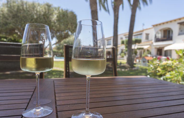 Terrace with outdoor seating and palm trees at apartment Retiro Sol A1 in Dénia