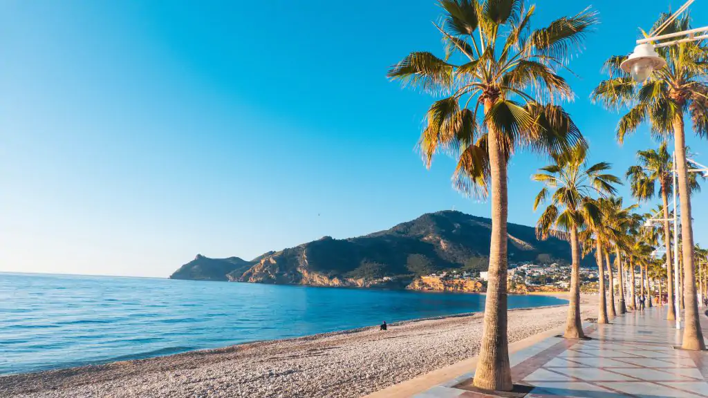 Alt tekst: Palm-lined promenade and beach in El Albir on the Costa Blanca with views of the Mediterranean Sea.